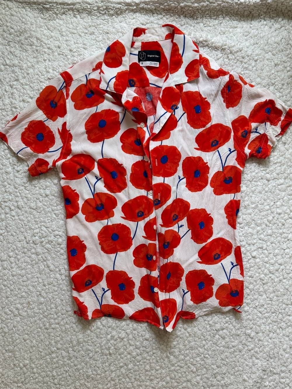 Original Use Short Sleeve Button Up with Red Poppy Print